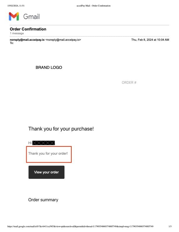 AccelPay Order Confirmation - Example